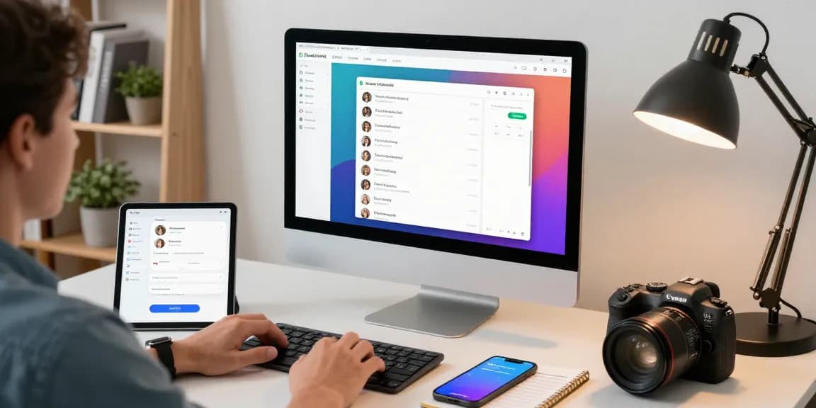 Using WhatsApp電腦版 on a sleek desktop in a modern workspace.