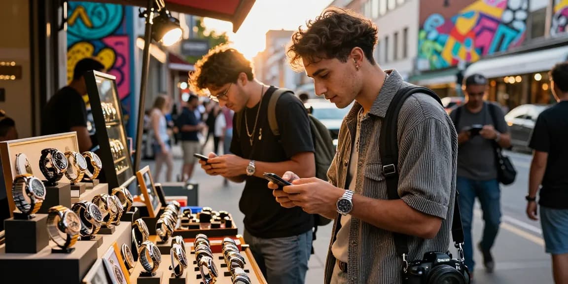 Person admiring luxury clone watches in an urban watch shop, showcasing elegance and style.