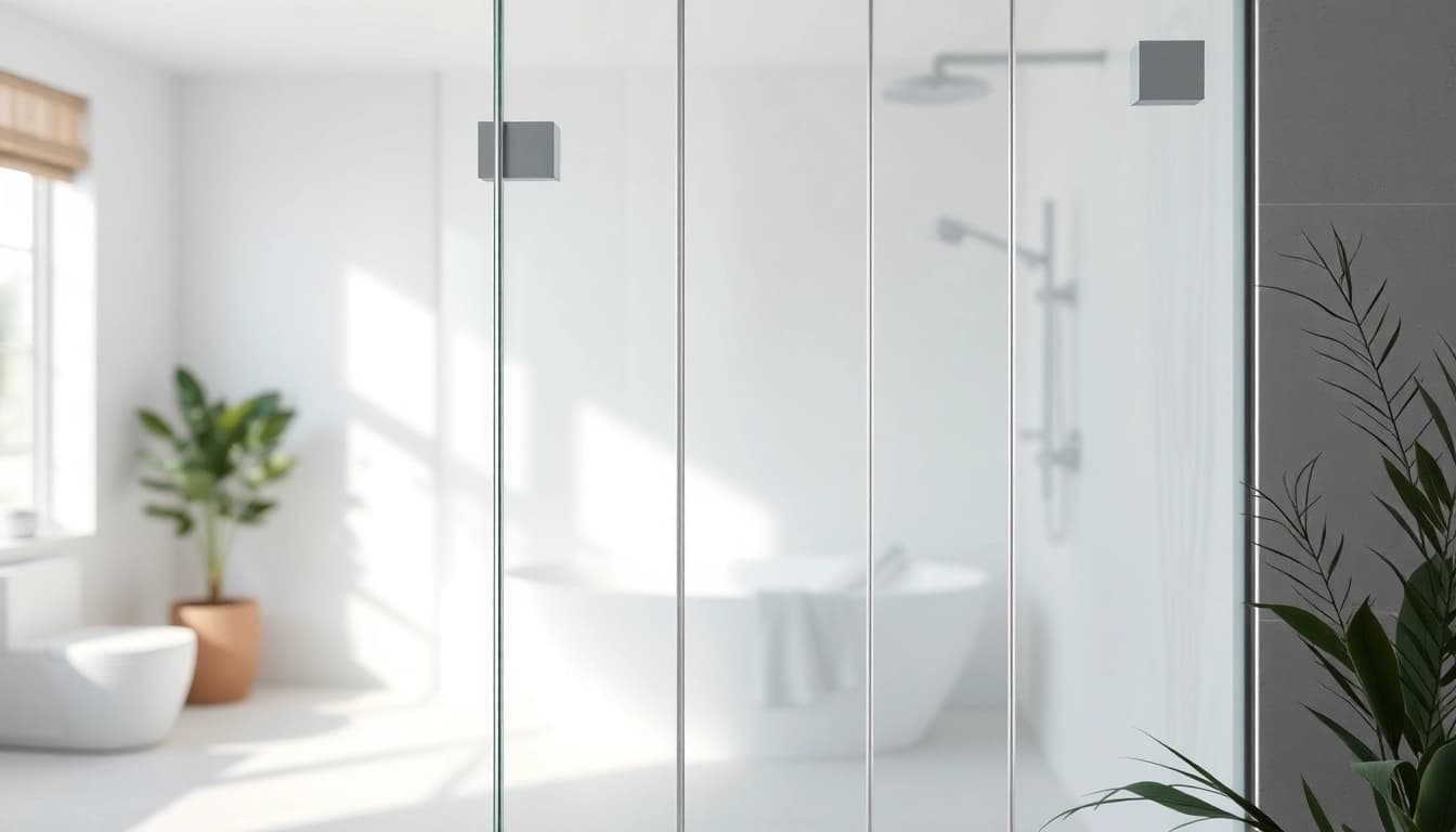 Elegant shower screens for walk in showers in a contemporary bathroom setting.