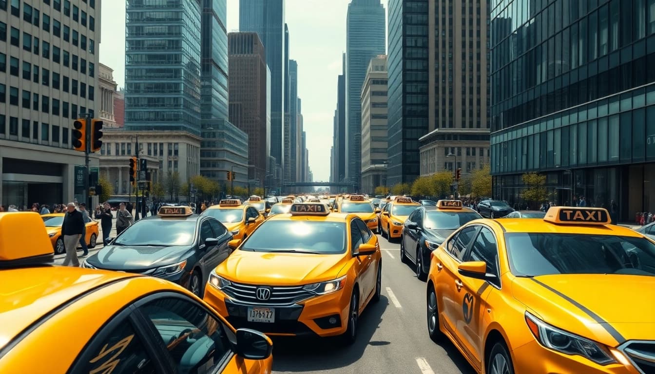 Taxis weaving through a busy urban intersection, showcasing city life and transit efficiency.
