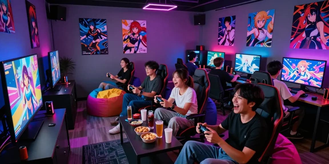 Young adults enjoying ecchi games in a vibrant gaming lounge with RGB lighting.