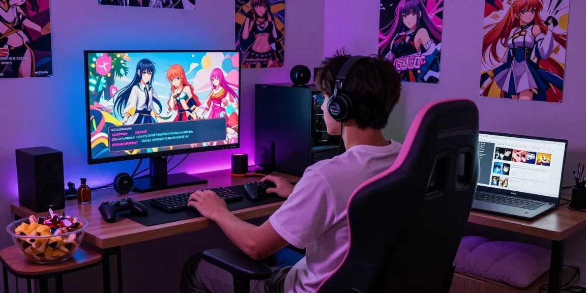 Engaging gamer playing hentai games online in vibrant, cozy setting.