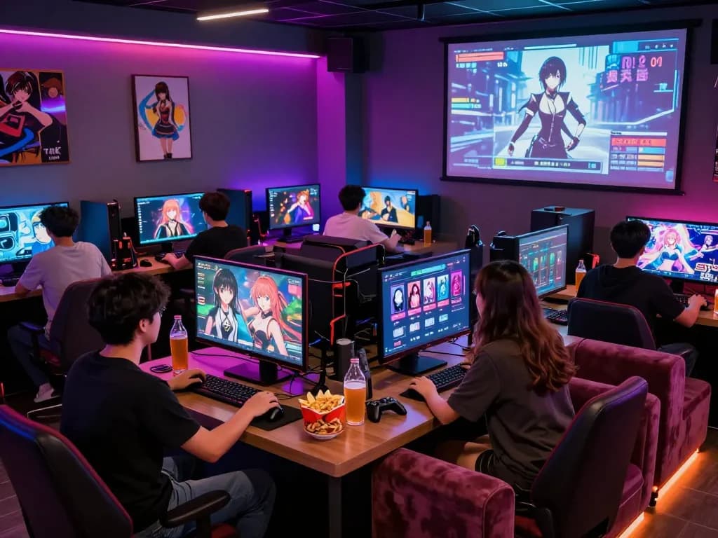 Engaged players in a vibrant gaming lounge enjoying game porn with immersive visual and interactive elements.