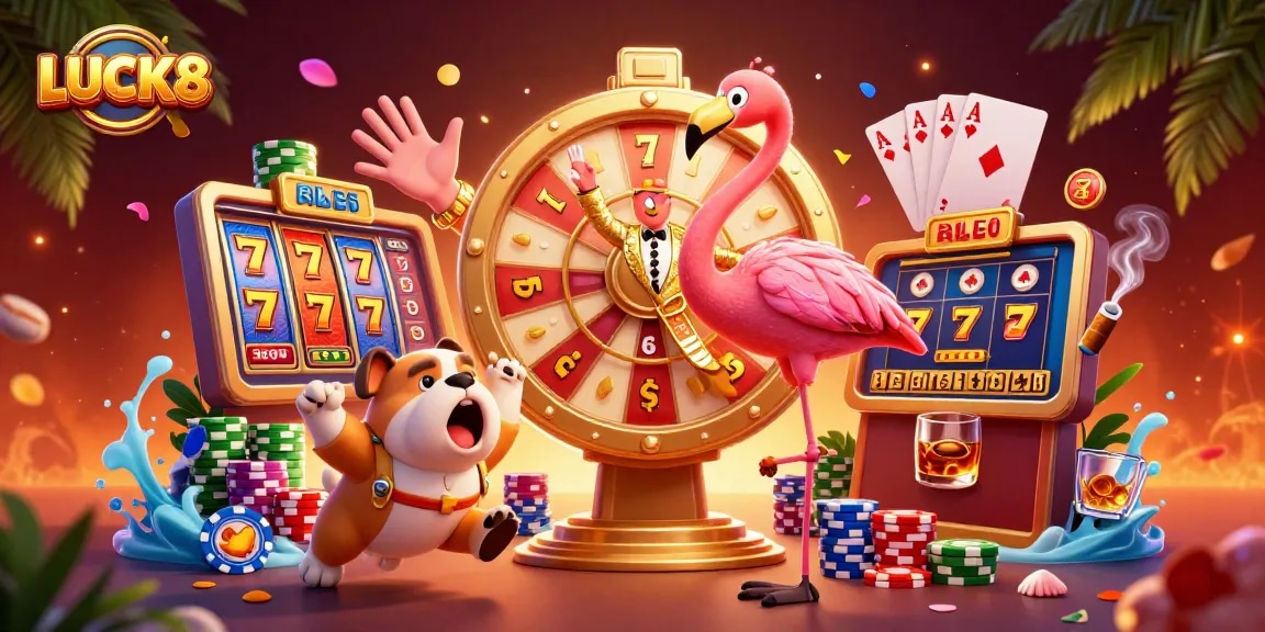 LUCK8 showcases vibrant slot reels and engaging game characters in a dynamic casino scene.