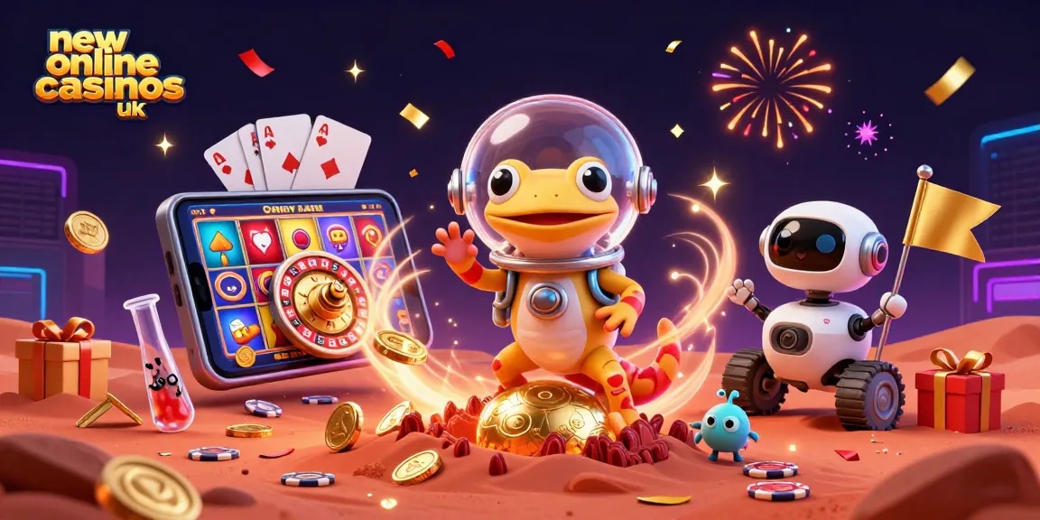 Join the excitement of new online casinos UK with vibrant gaming elements and fun illustrations.