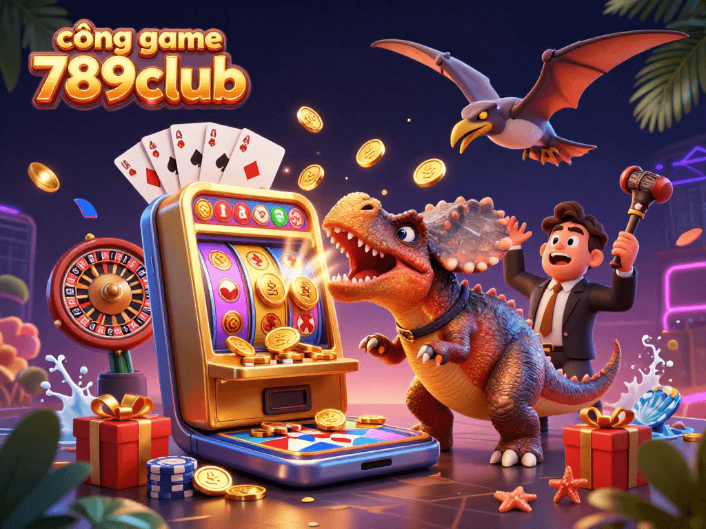 Experience fun and excitement at cổng game 789club with pachycephalosaurus and coins flying from a slot machine.