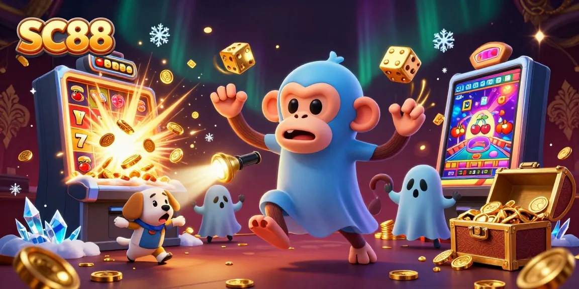 Engage with SC88 slots and jackpots as golden coins fly amidst the excitement of a haunted casino.