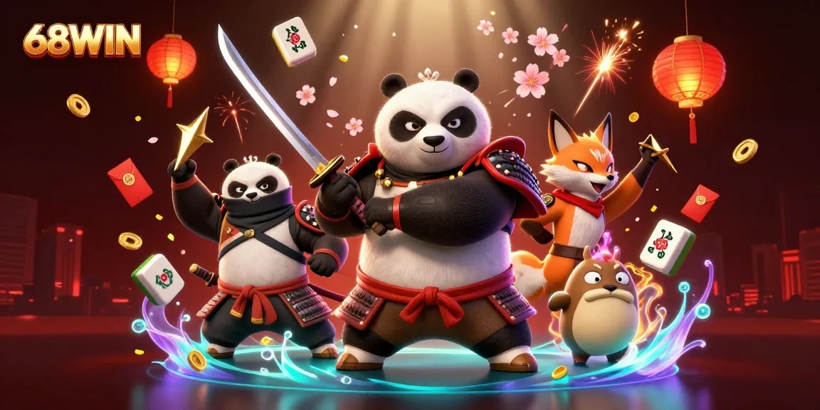 Engage in thrilling adventures with 68WIN as samurai panda battles for rewards amid glowing casino elements.