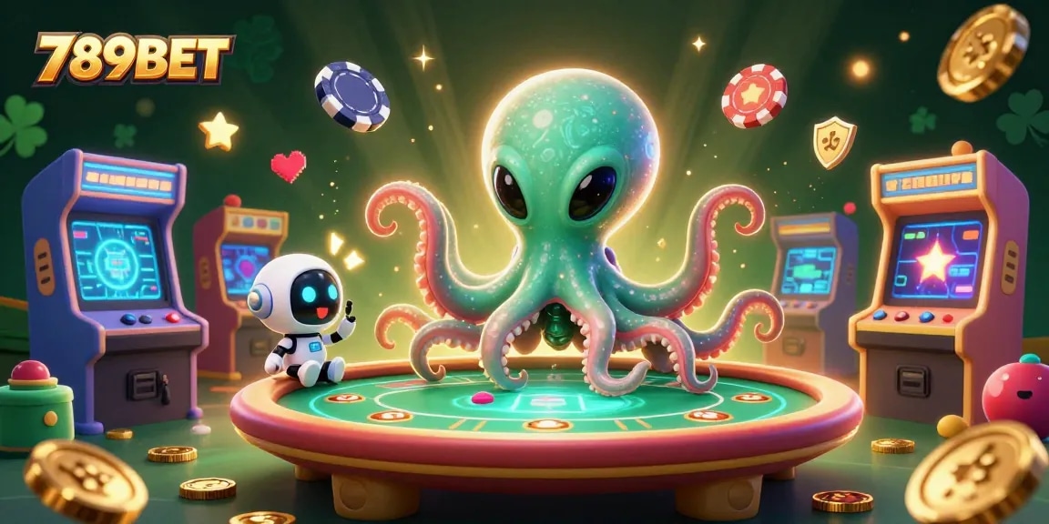 Engage with thrilling 789BET casino experiences alongside a vibrant 3D cartoon alien octopus.