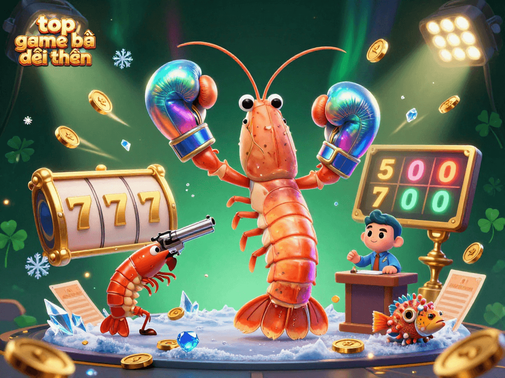 Engaging illustration of top game bài đổi thưởng featuring dynamic cartoon shrimp in a playful casino scene.