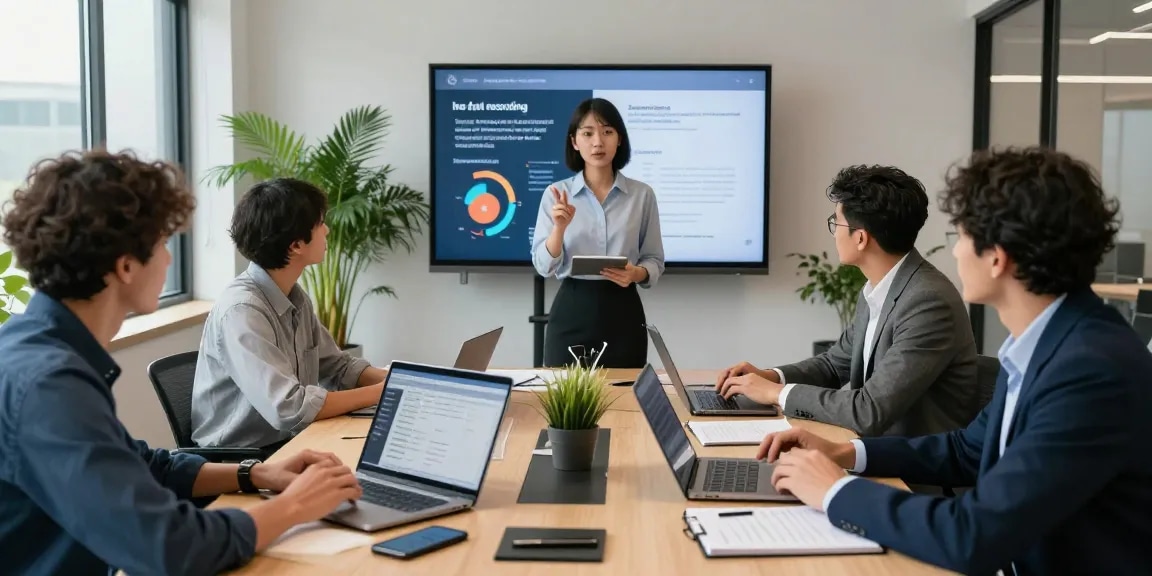 Team discussing call recording benefits in a modern office setting.