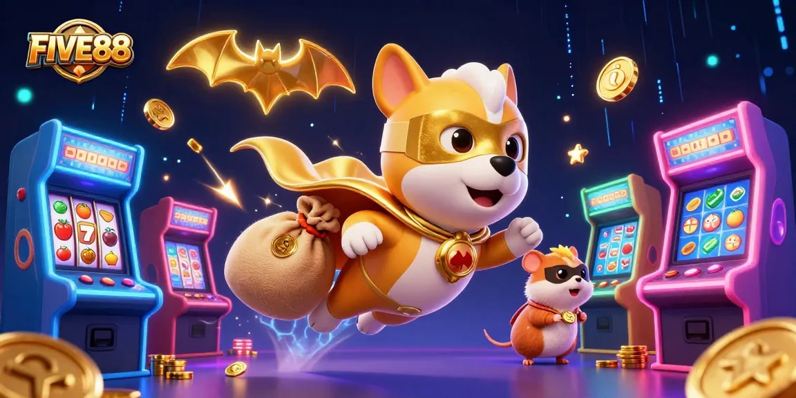 Engage with the thrilling adventures of FIVE88 in this vibrant 3D casino illustration, featuring a superhero dog.