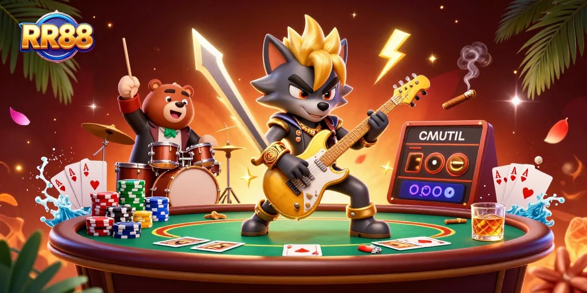 Experience thrilling RR88 casino action with a lively rock star wolf and drummer bear.