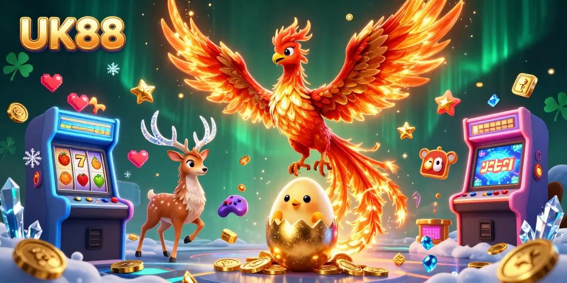 Play exciting slot games with UK88, featuring vibrant visuals of phoenix and gaming elements in a captivating setting.