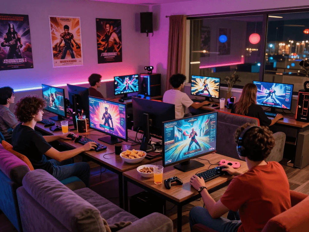 Friends enjoying immersive porn games in a lively gaming lounge ambiance