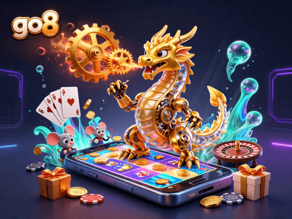 Engage with go8, the dynamic online casino featuring a golden dragon and vibrant slot games.