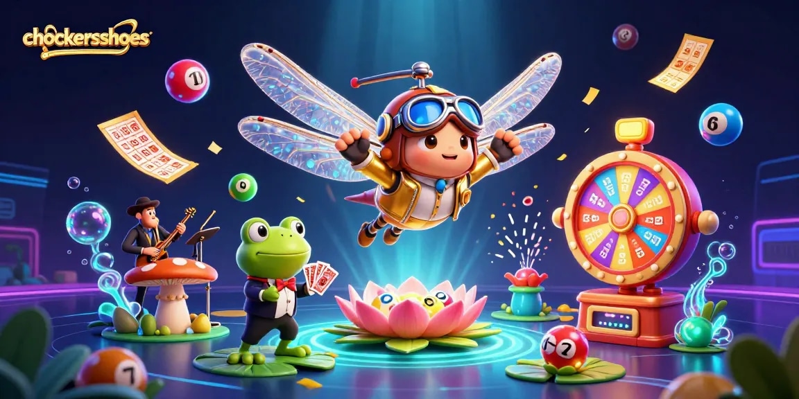Engage with chockersshoes as a dragonfly pilot oversees a lily pad casino, bursting with energy and excitement.