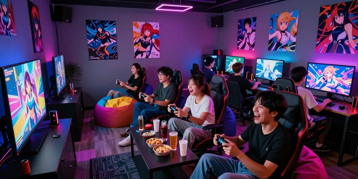 Young adults enjoying ecchi games in a vibrant gaming lounge with RGB lighting.