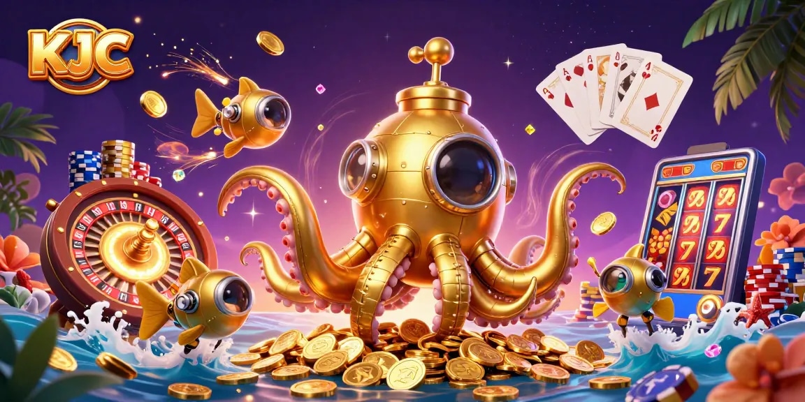 KJC showcases a thrilling casino experience featuring a golden kraken and sparkling game elements amidst vibrant graphics.