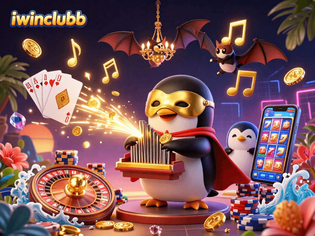 Experience the excitement of iwinclubb with a whimsical penguin playing a golden pipe organ amidst casino elements.