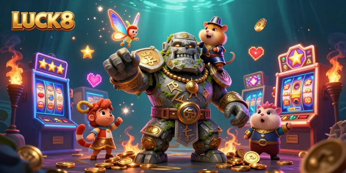 Experience the thrill of LUCK8 gaming with vibrant slot machines, golden characters, and magical elements.