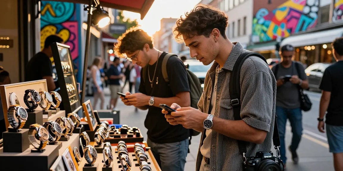 Person admiring luxury clone watches in an urban watch shop, showcasing elegance and style.