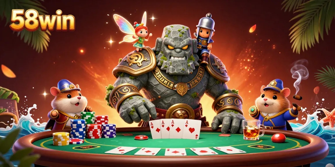 Experience the thrill of 58win with magical golems, poker chips, and enchanting visuals.