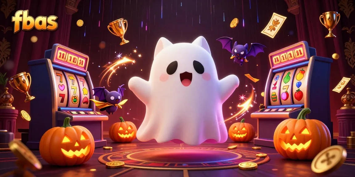 Engage with fbas at a vibrant haunted casino showcasing slot games and lively characters.