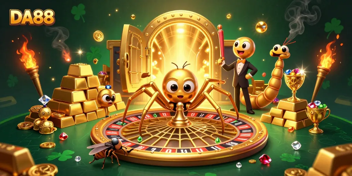 Experience DA88 with a golden web roulette wheel, a nervous fly betting, and a centipede croupier.
