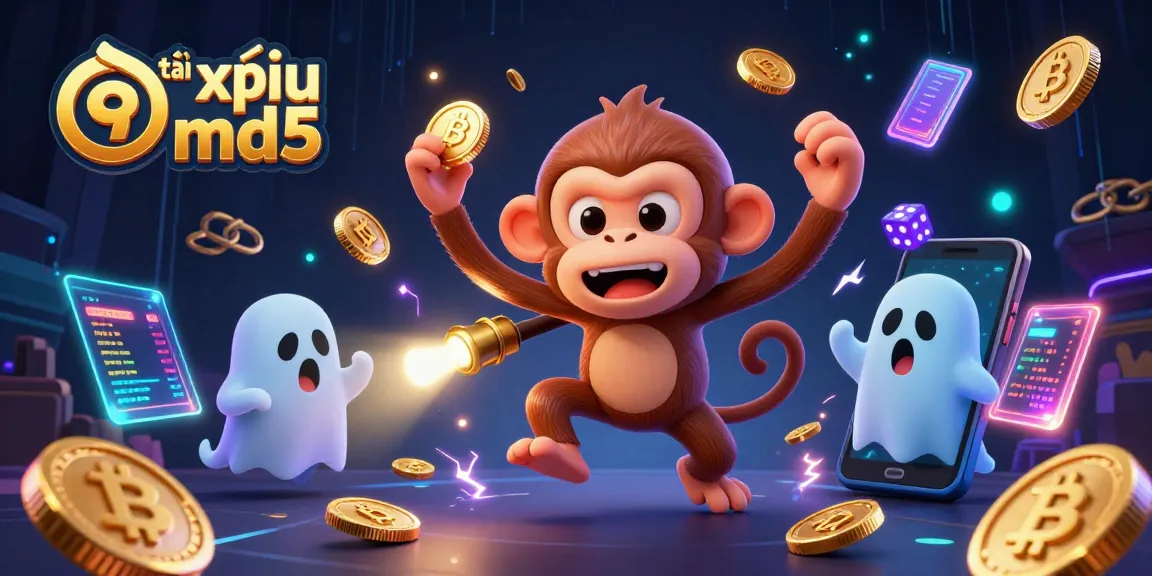 Experience the excitement of tài xỉu md5 with a playful ghost and puppy in a vibrant casino setting.