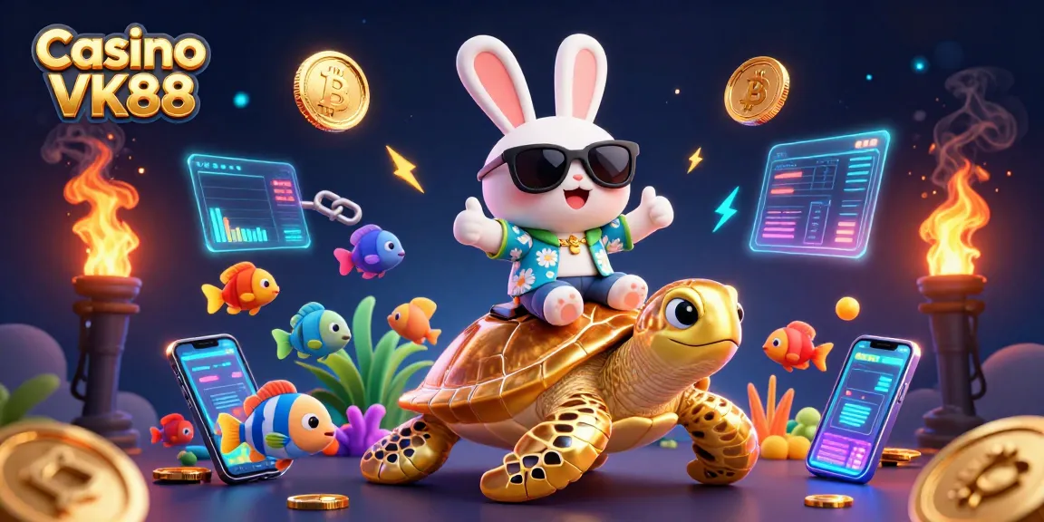 Engage in excitement at Casino VK88 with a lucky rabbit and golden turtle amid vibrant crypto elements.