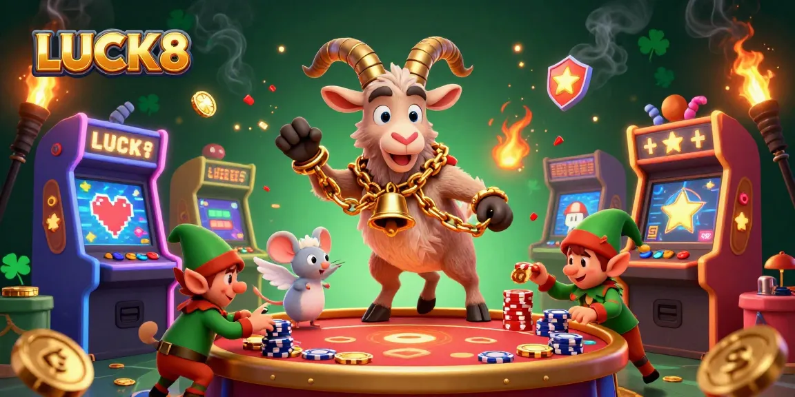 LUCK8 illustrates a thrilling casino scene with Krampus, angel mouse, and elf gremlins amidst vibrant gaming excitement.