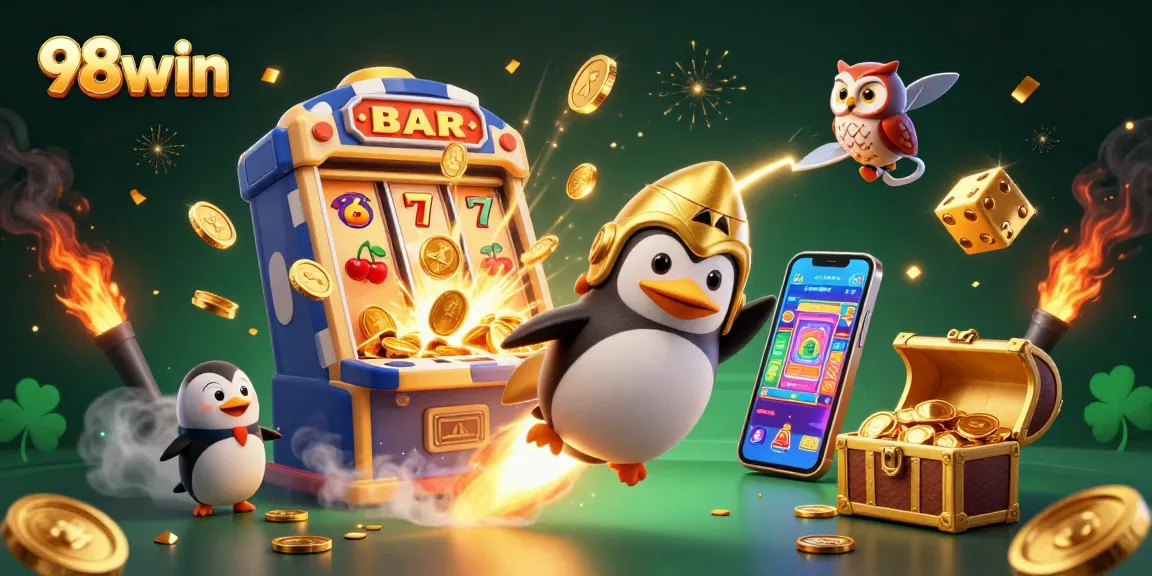 Experience excitement at 98win with a golden penguin soaring to a jackpot-filled casino!