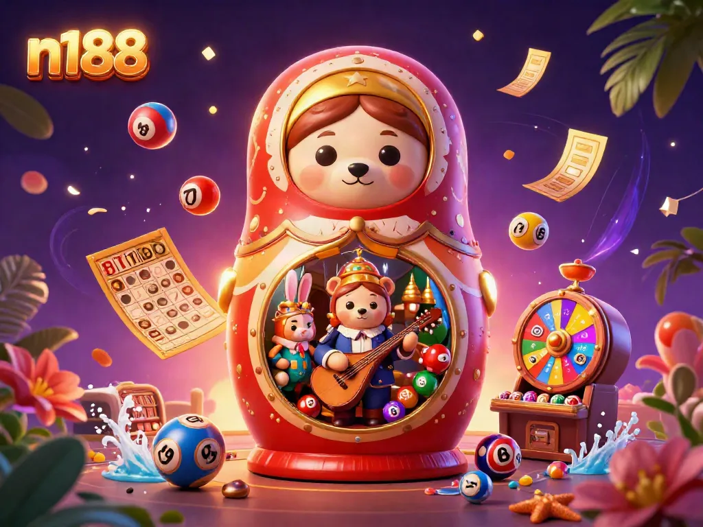 Experience exciting gaming thrills with n188's vibrant 3D casino scene full of colorful elements and characters.