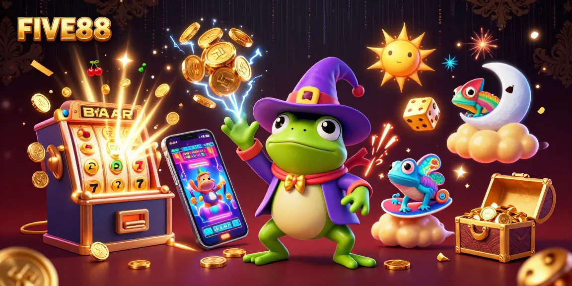 Experience the thrilling action at FIVE88 with golden coins, vibrant characters, and exciting casino elements.