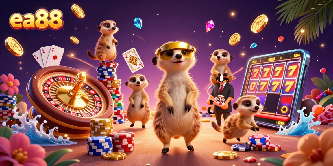 ea88 meerkats running a lively casino operation with colorful chips and golden coins.