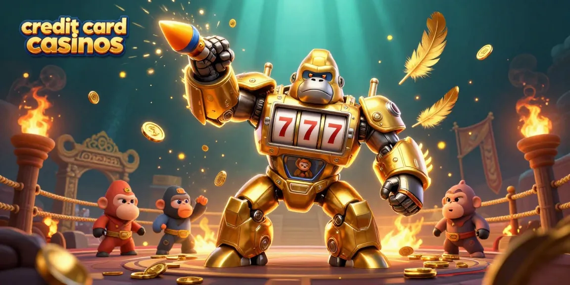 Experience the excitement of credit card casinos with this vibrant 3D illustration of a golden gorilla mech.