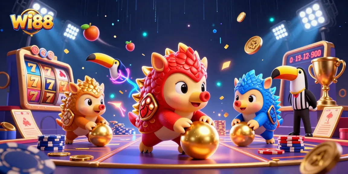 Engage with WI88's exciting slot games featuring playful pangolins and vibrant casino elements.