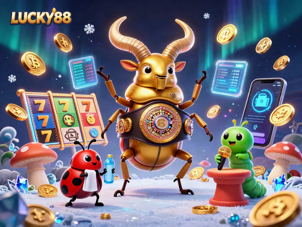 LUCKY88 showcases a vibrant 3D casino scene with energetic characters and slot game elements.