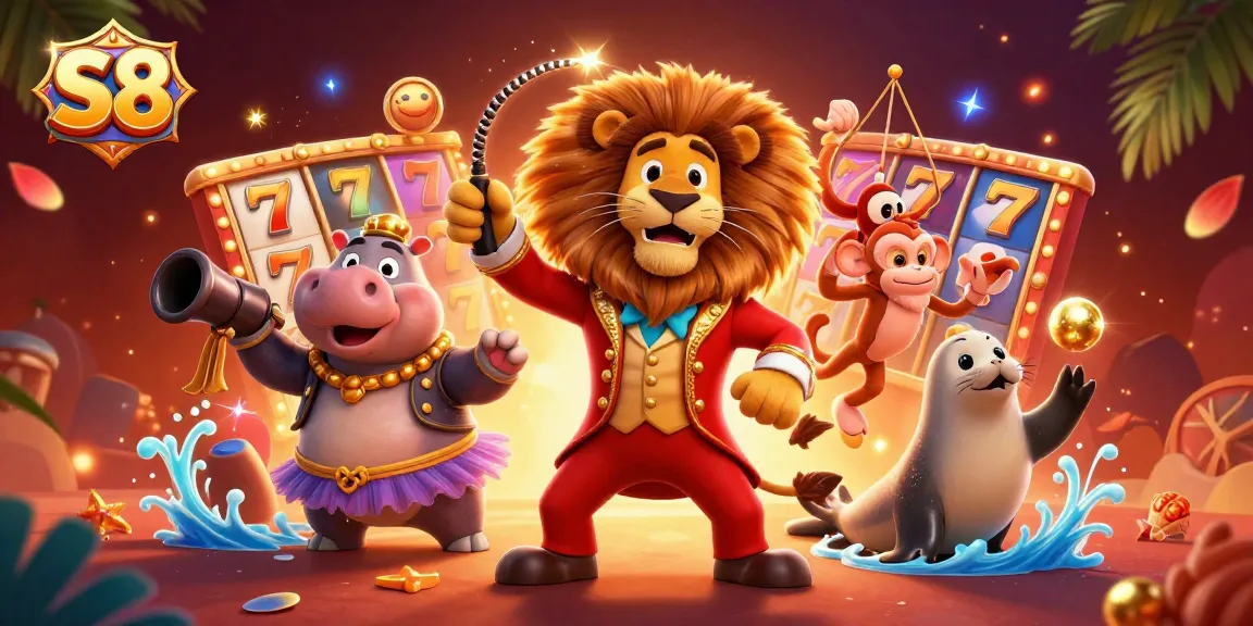 Join the excitement at S8 with vibrant slot machines and lively characters in a dynamic casino illustration.