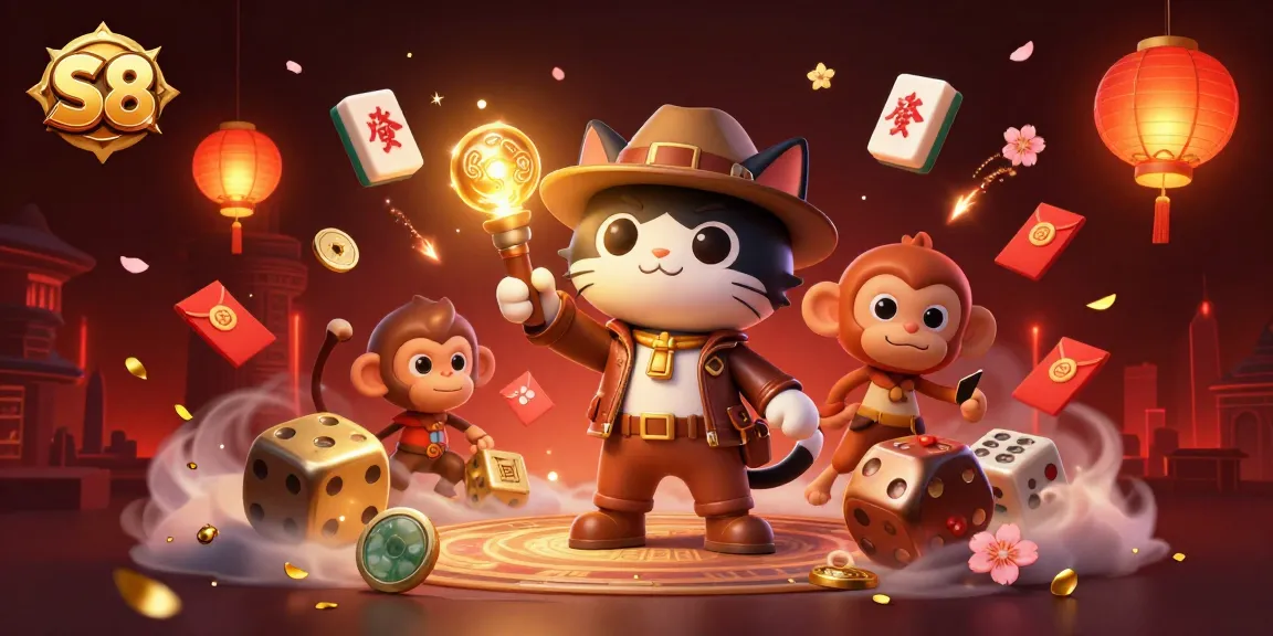 Experience thrills with S8: a cat archaeologist and monkey in a golden casino temple scene.