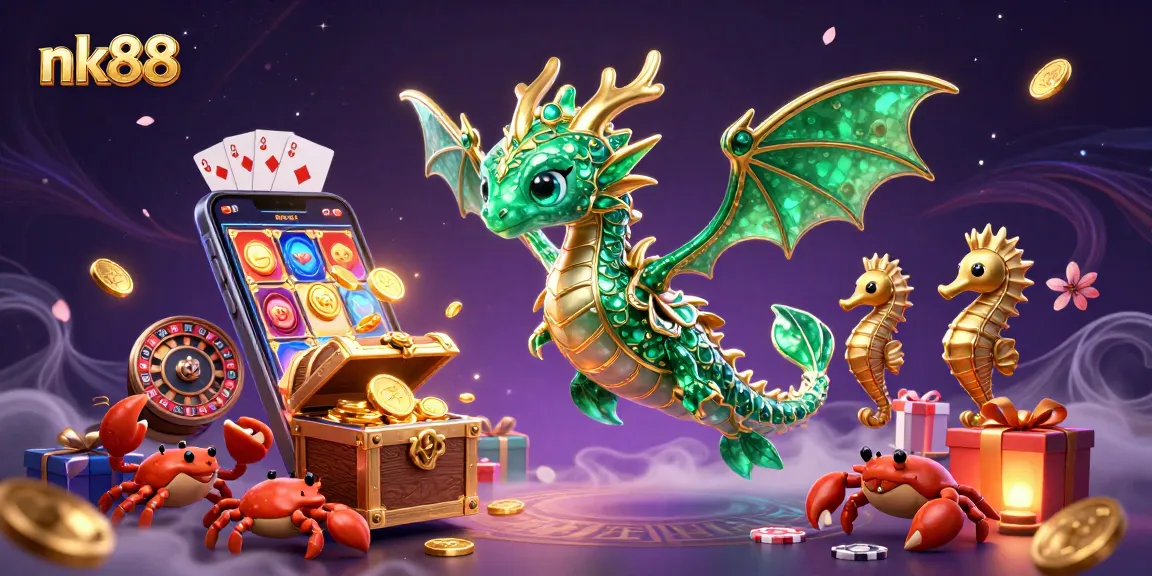 Win big with nk88 in an enchanting online casino scene featuring 3D characters and games.