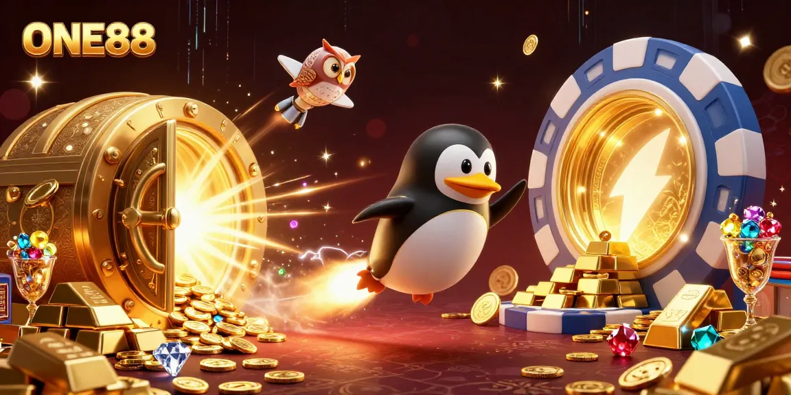 ONE88’s exciting rocket-powered penguin races through a treasure-filled casino space landscape.