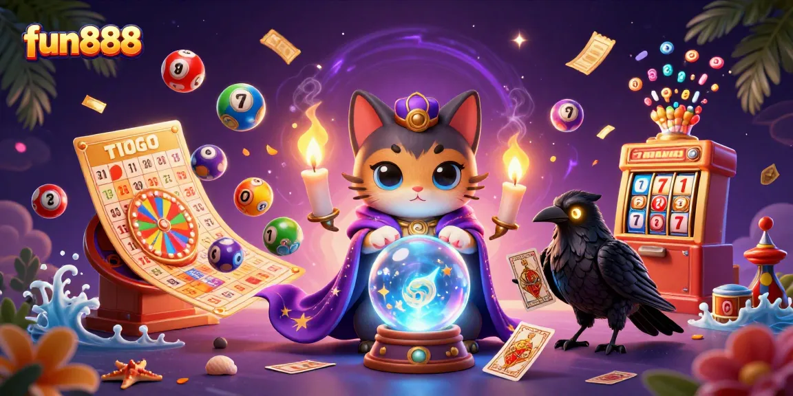 Experience fun888 with vibrant casino action, featuring a cartoon mystic cat and glowing tarot raven.