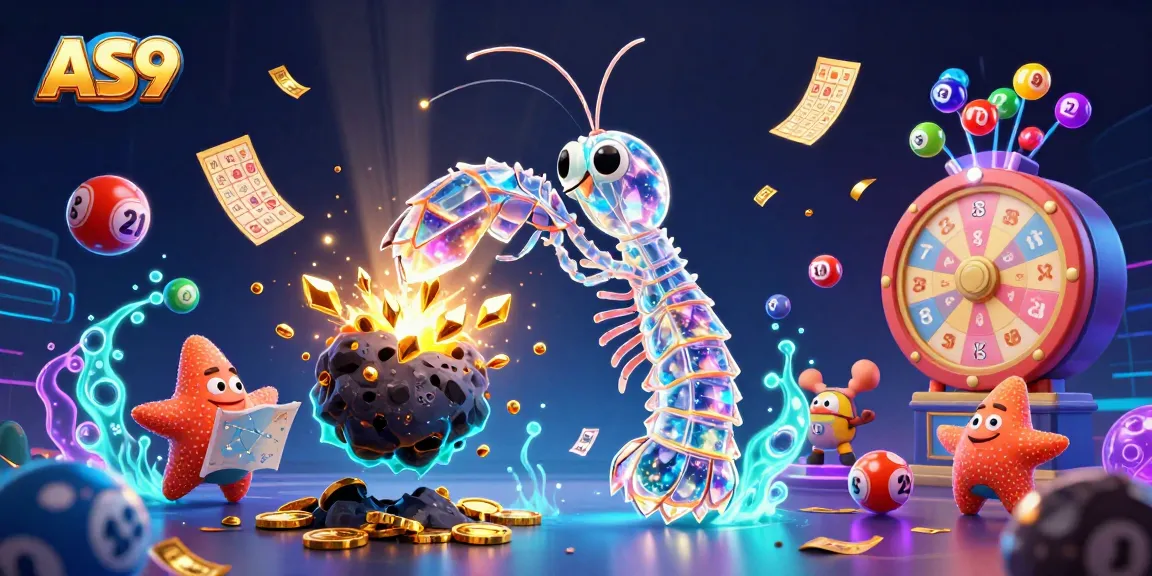 Experience AS9 with a thrilling scene of a mantis shrimp conquering an asteroid in a vibrant casino world.