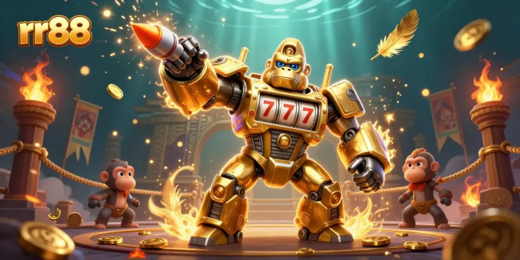 Experience the thrilling world of rr88 with a dynamic golden gorilla mech and exciting casino elements.