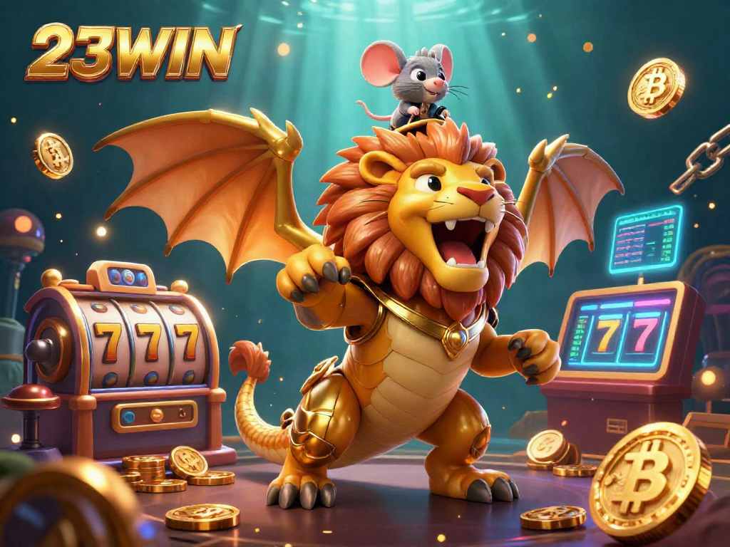 Experience the thrill of 23WIN casino action with a golden chimera and mouse jockey amidst dazzling game elements.
