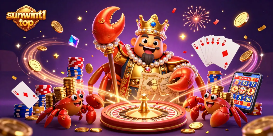 Experience the thrilling casino vibe at sunwint1 top with a vivid 3D crab emperor surrounded by riches.