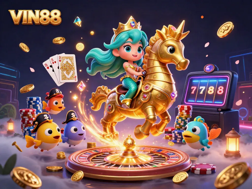 Join the excitement at VIN88 with vibrant casino elements and enchanting characters in a stunning 3D scene.