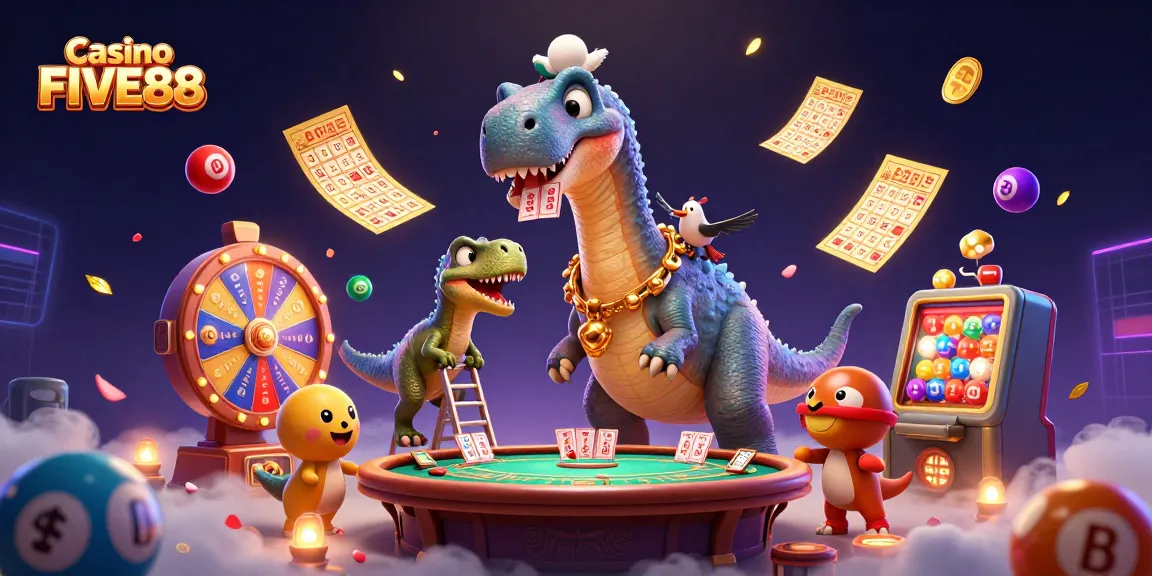 Experience dynamic action at Casino FIVE88 with a brontosaurus overlooking a vibrant gambling scene.